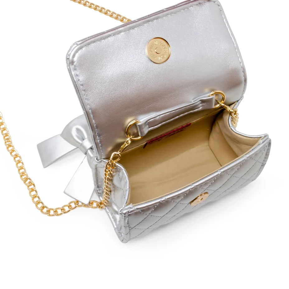 Quilted Pearl Handle Bow Ribbon Handbag Silver - Image 2